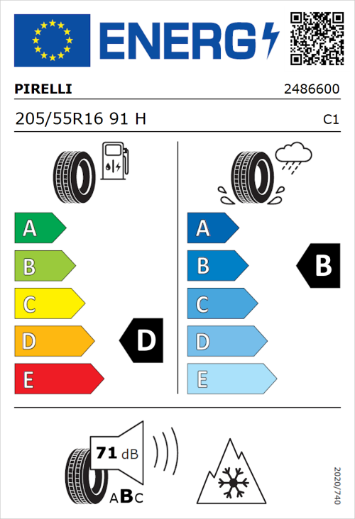 Tyre Label for Pirelli Winter Sottozero 3 205/55R16 91H