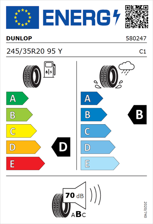 Tyre Label for Dunlop SP SPORTMAXX GT 245/35R20 95Y