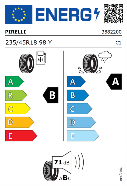 Tyre Label for Pirelli Powergy 235/45R18 98Y