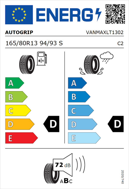 Tyre Label for Autogrip Vanmax 165/80R13 94/93S
