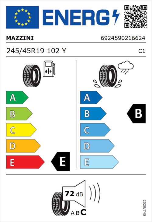 Tyre Label for Mazzini Supersport Chaser 245/45R19 102Y