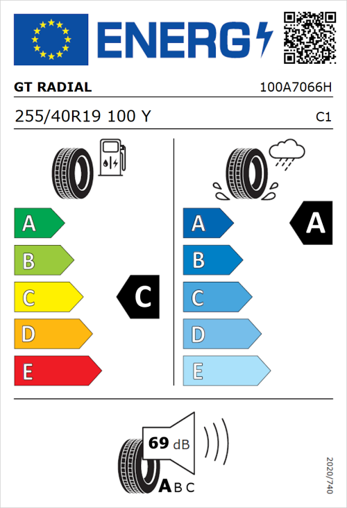 Tyre Label for GT Radial SportActive 2 255/40R19 100Y