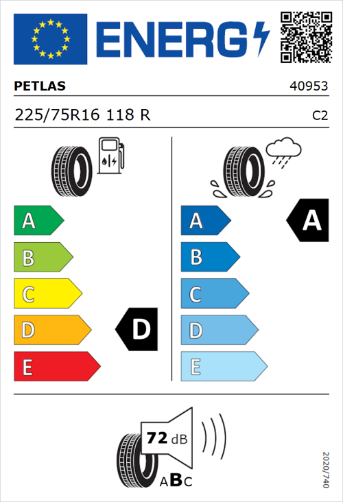 Tyre Label for Petlas Full Power PT825 225/75R16 118R