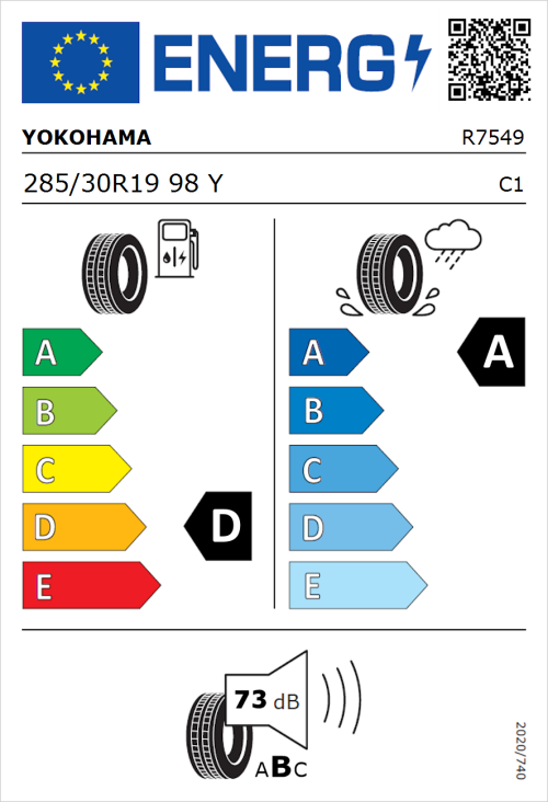 Tyre Label for Yokohama Advan Sport V107 285/30R19 98Y