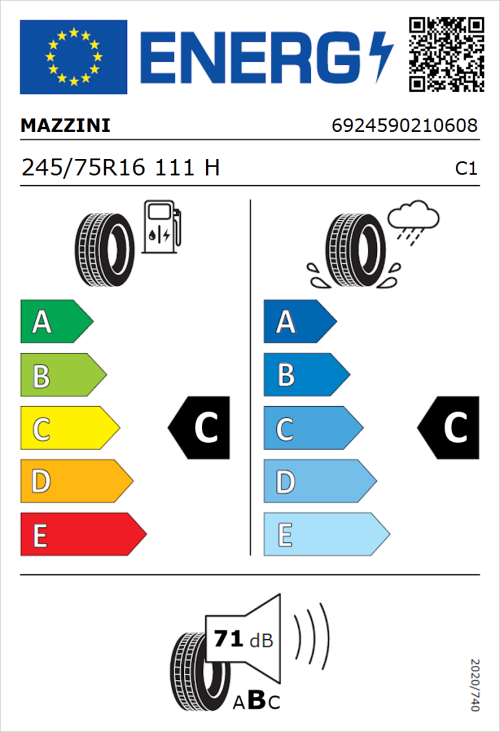 Tyre Label for Mazzini Ecosaver 245/75R16 111H
