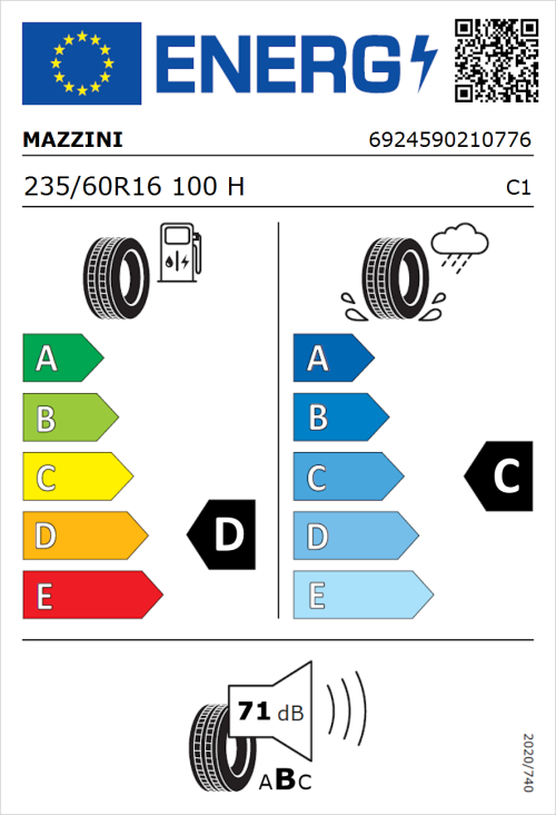 Tyre Label for Mazzini Ecosaver 235/60R16 100H